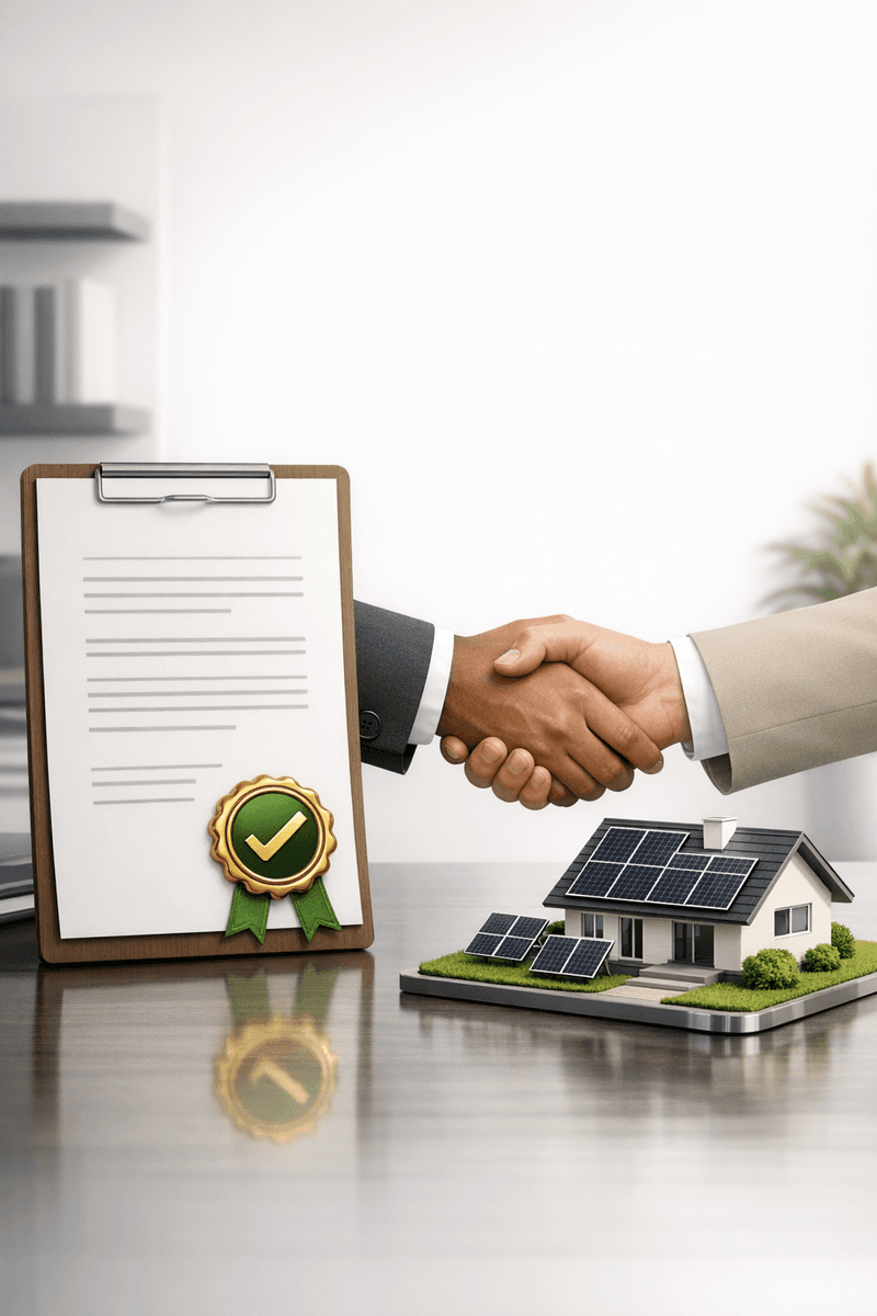Terms and contract illustration with handshake and solar home